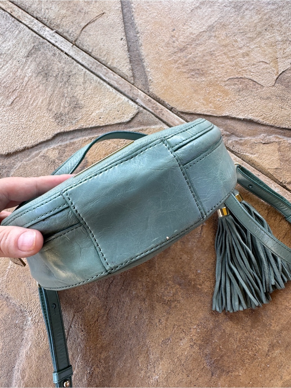 Brahmin Lane Circle Crossbody Bag Sage Green Leather Round Tassel Top Handle - Picture 6 of 16